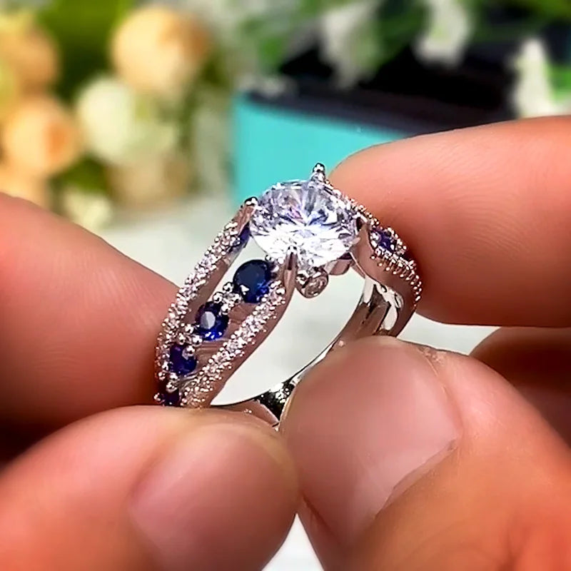Huitan Special-interest Wedding Rings Women Blue/White Round CZ Novel Designed