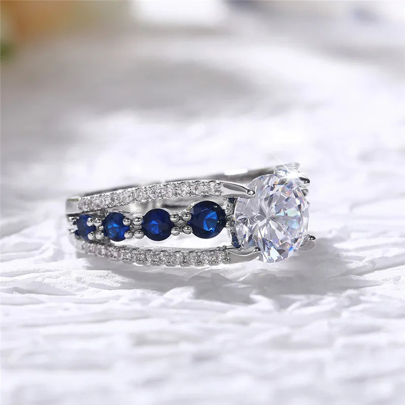 Huitan Special-interest Wedding Rings Women Blue/White Round CZ Novel Designed
