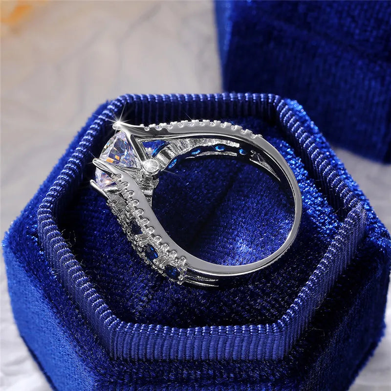 Huitan Special-interest Wedding Rings Women Blue/White Round CZ Novel Designed