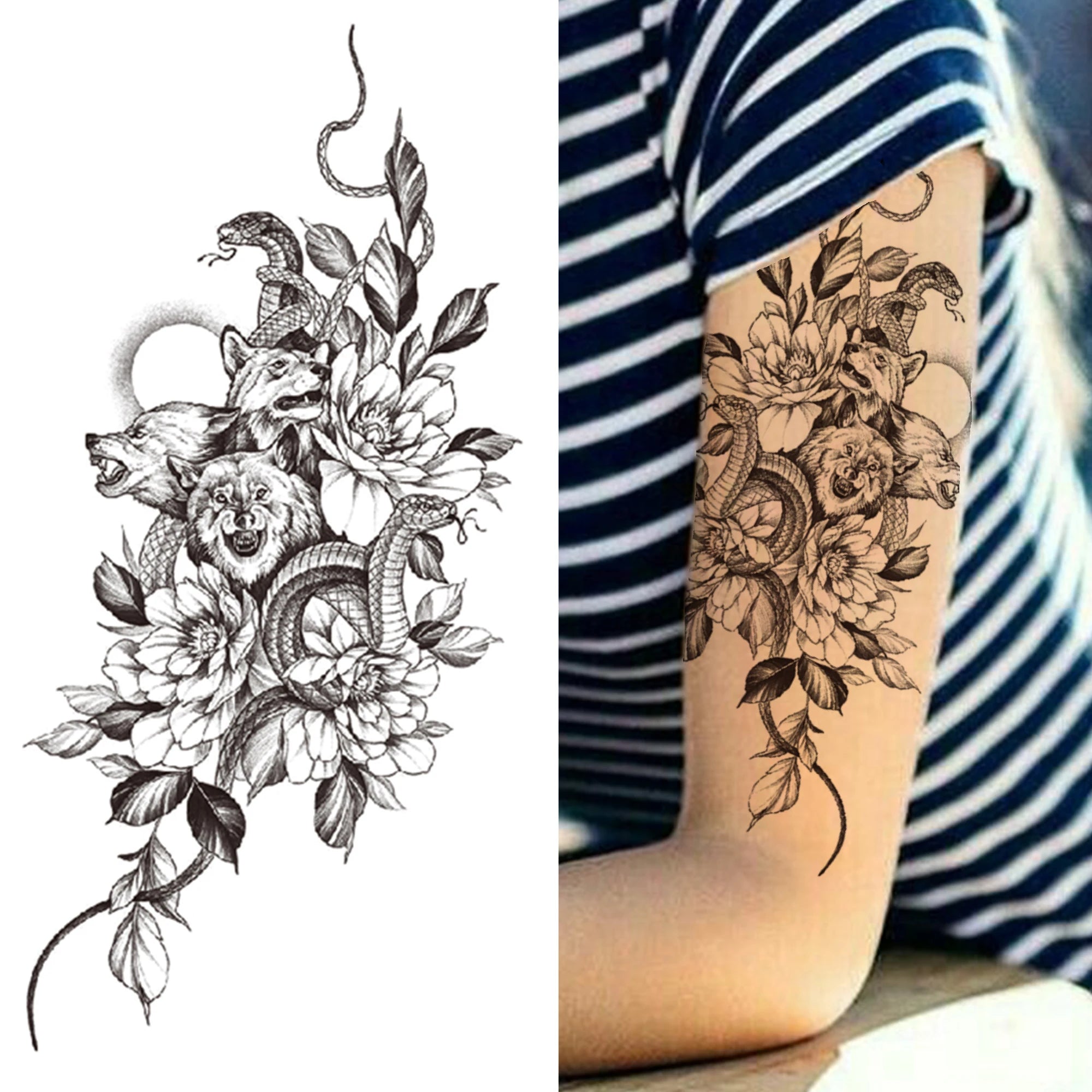 Large 3D Floral Temporary Tattoo Sticker – Detailed Black Rose, Peony & Geometric Art