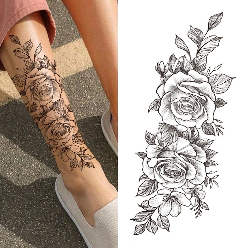 Large 3D Floral Temporary Tattoo Sticker – Detailed Black Rose, Peony & Geometric Art