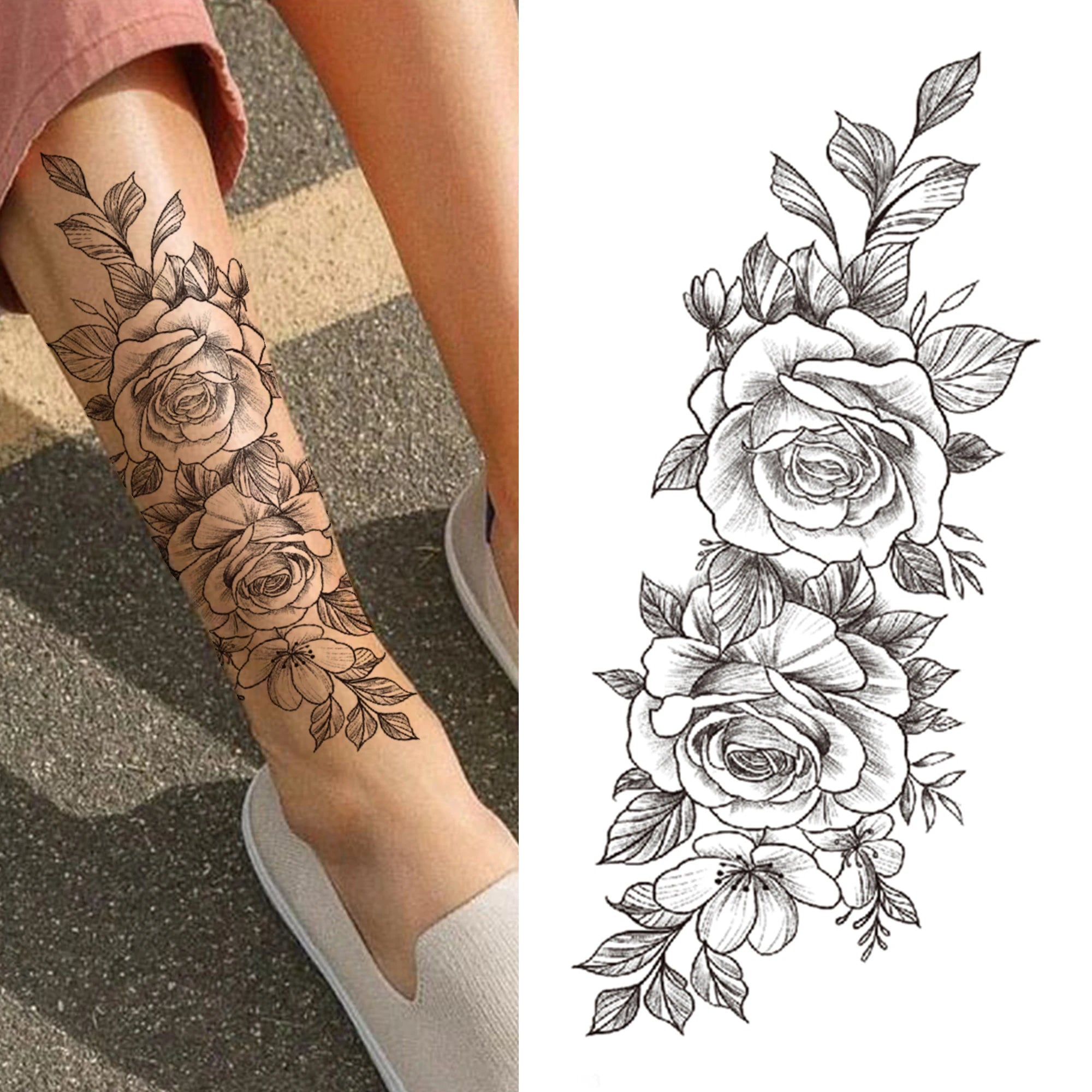 Large 3D Floral Temporary Tattoo Sticker – Detailed Black Rose, Peony & Geometric Art