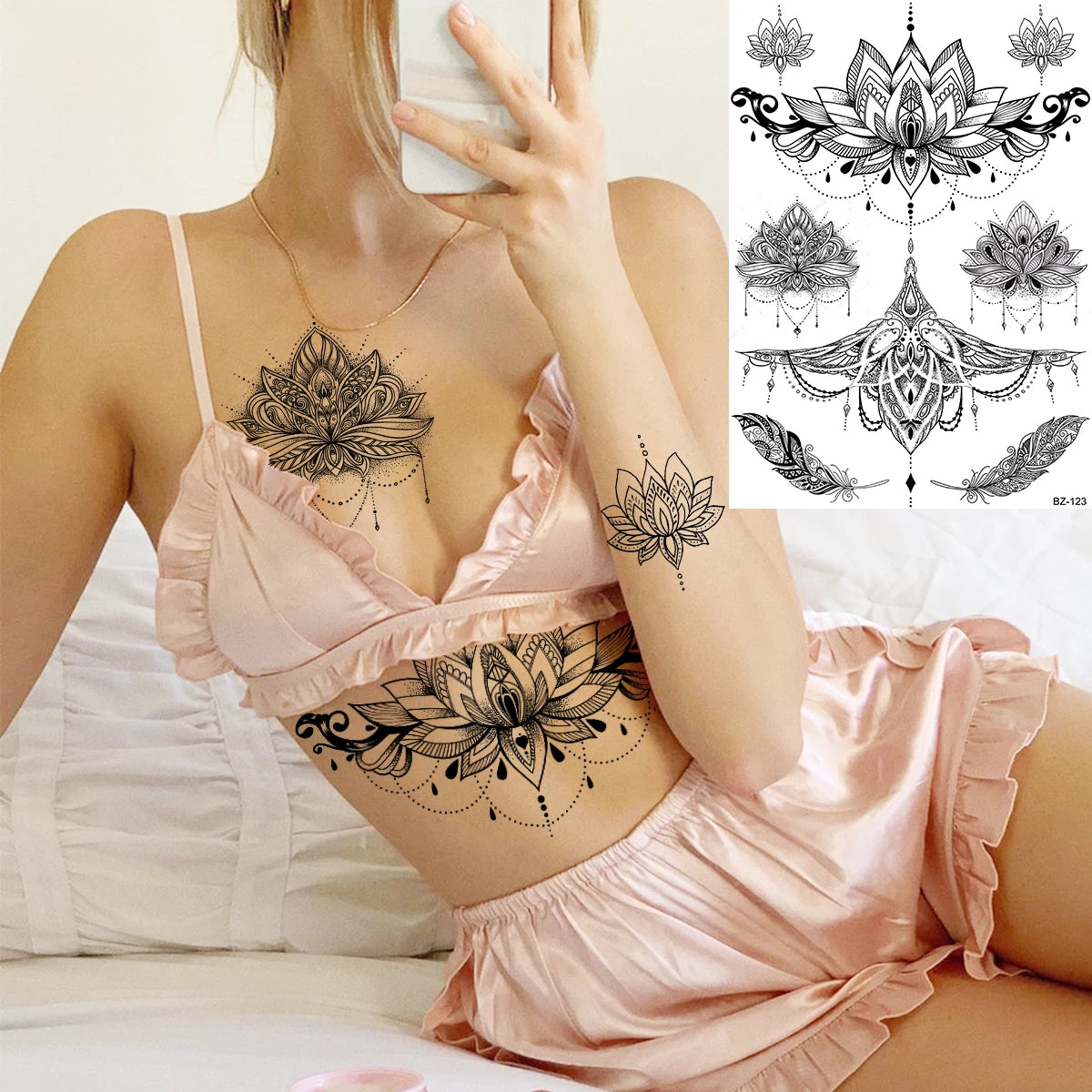 Sexy Waterproof Temporary Tattoo – Floral Mandala, Lotus & Animal Designs for Chest & Underboob