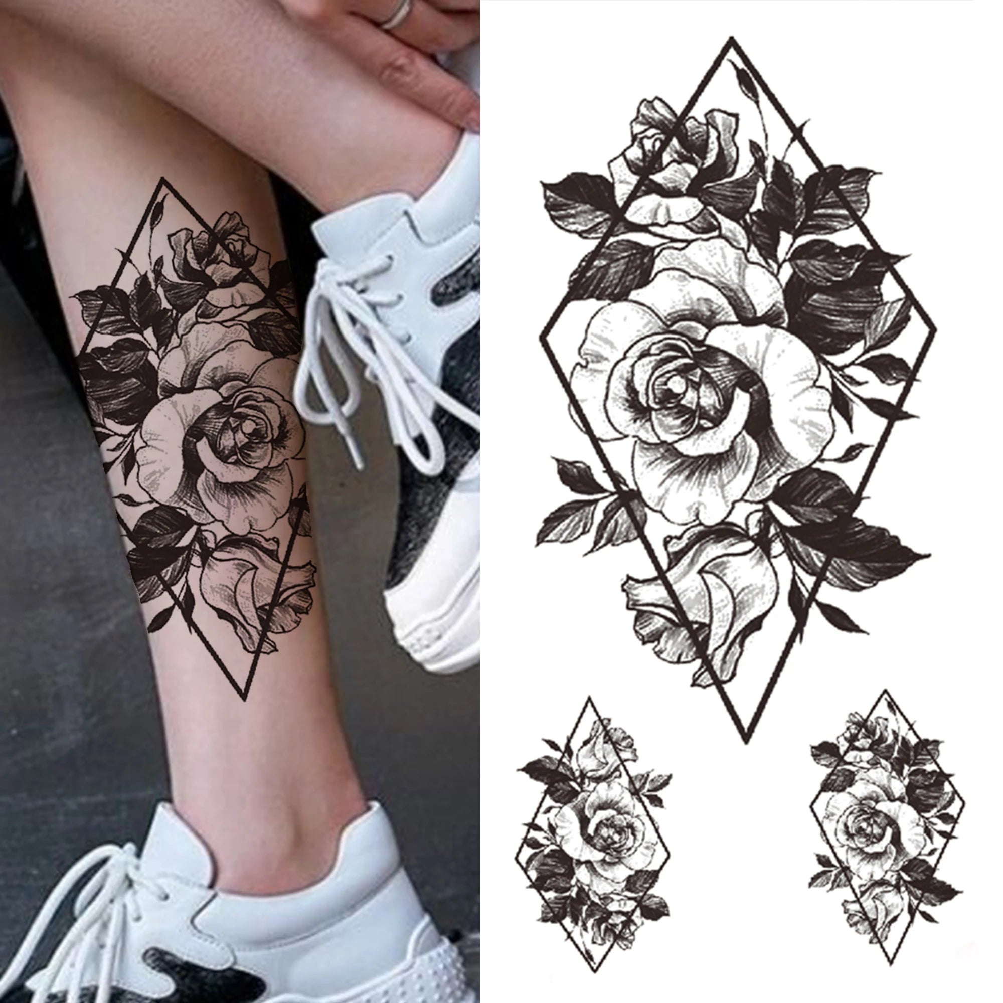 Large 3D Floral Temporary Tattoo Sticker – Detailed Black Rose, Peony & Geometric Art