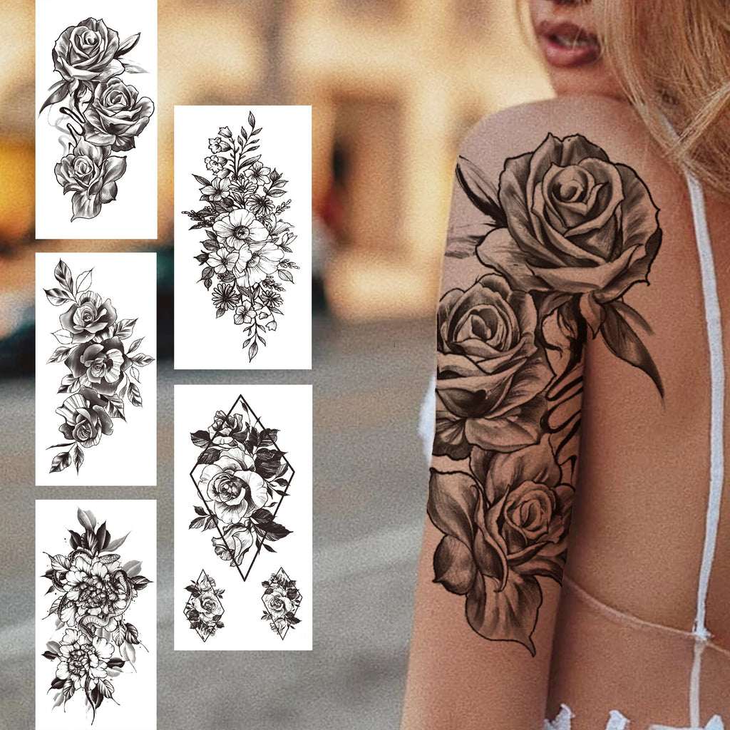 Large 3D Floral Temporary Tattoo Sticker – Detailed Black Rose, Peony & Geometric Art