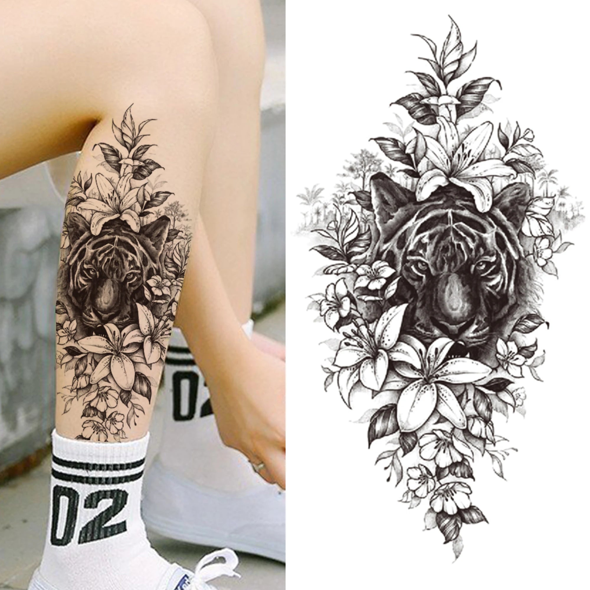 Large 3D Floral Temporary Tattoo Sticker – Detailed Black Rose, Peony & Geometric Art