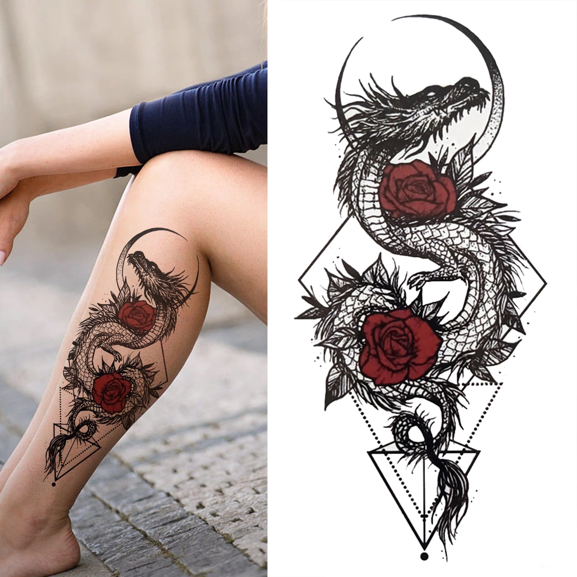 Large 3D Floral Temporary Tattoo Sticker – Detailed Black Rose, Peony & Geometric Art