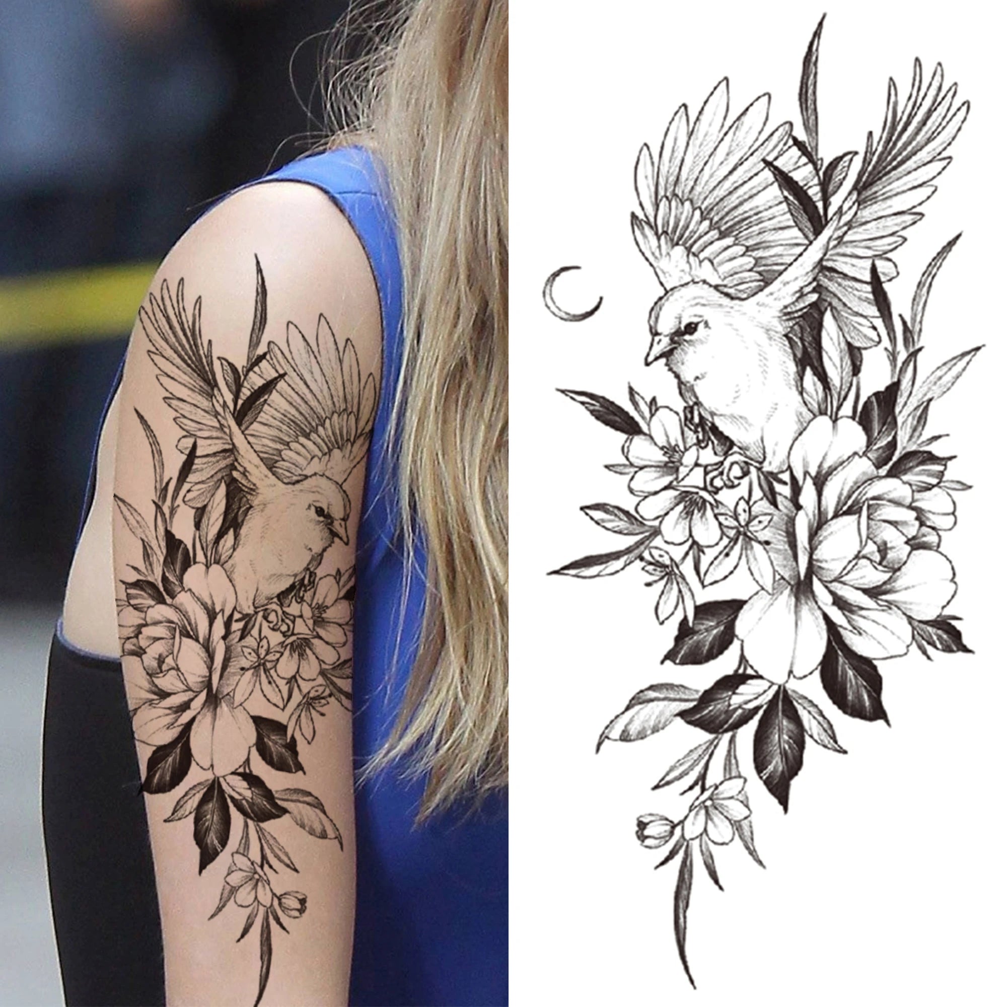 Large 3D Floral Temporary Tattoo Sticker – Detailed Black Rose, Peony & Geometric Art
