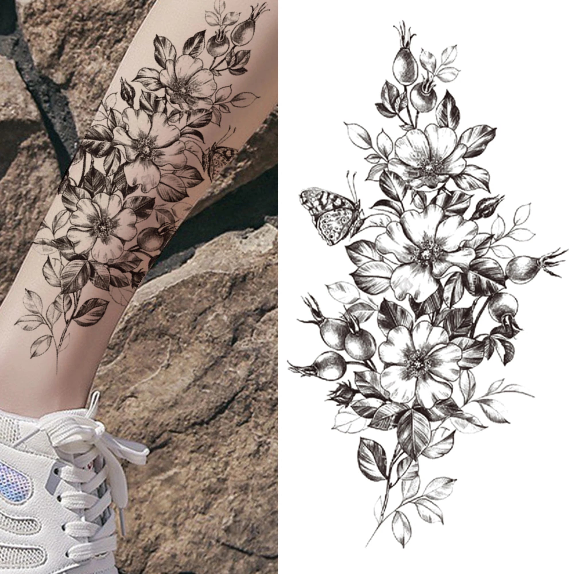Large 3D Floral Temporary Tattoo Sticker – Detailed Black Rose, Peony & Geometric Art