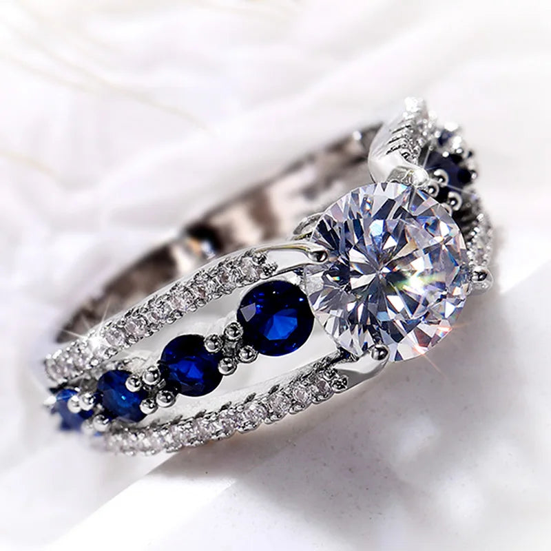 Huitan Special-interest Wedding Rings Women Blue/White Round CZ Novel Designed