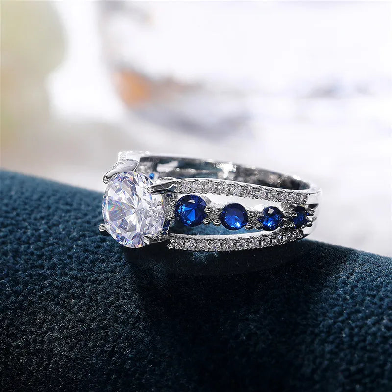 Huitan Special-interest Wedding Rings Women Blue/White Round CZ Novel Designed