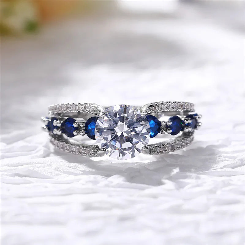 Huitan Special-interest Wedding Rings Women Blue/White Round CZ Novel Designed