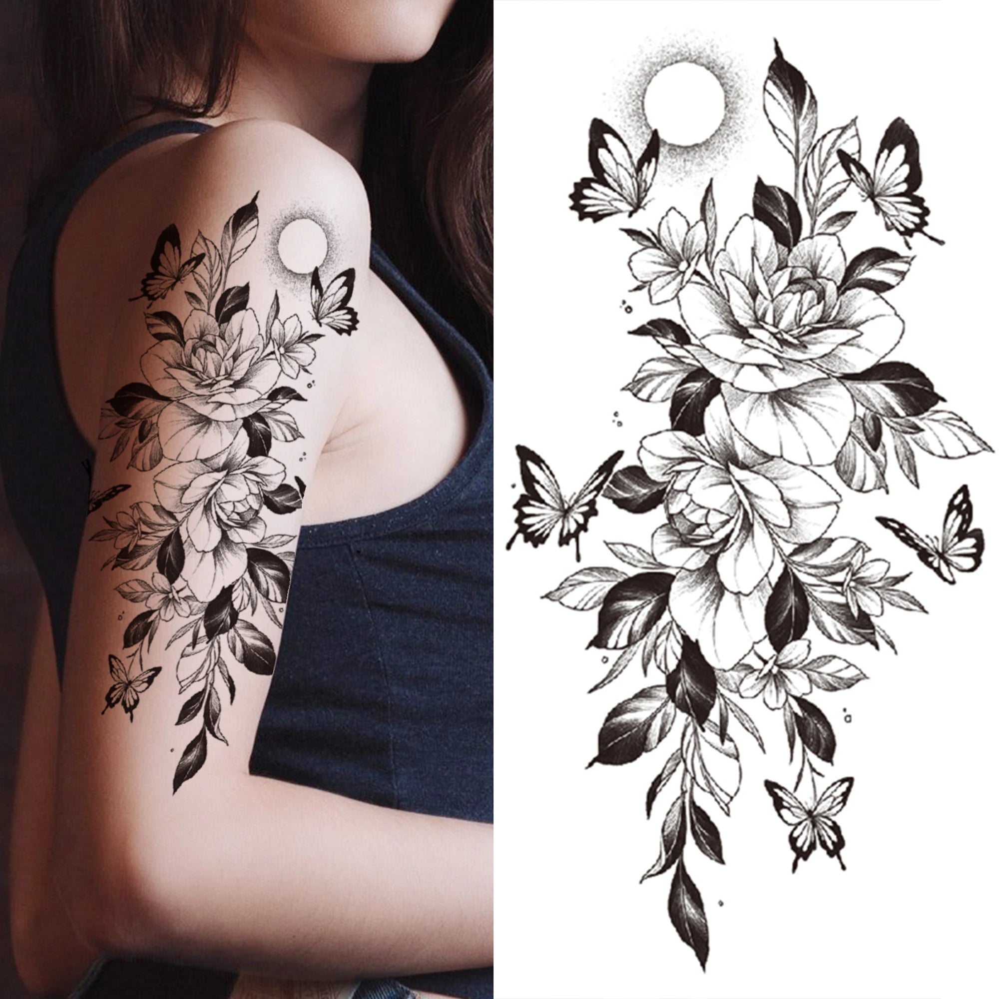 Large 3D Floral Temporary Tattoo Sticker – Detailed Black Rose, Peony & Geometric Art