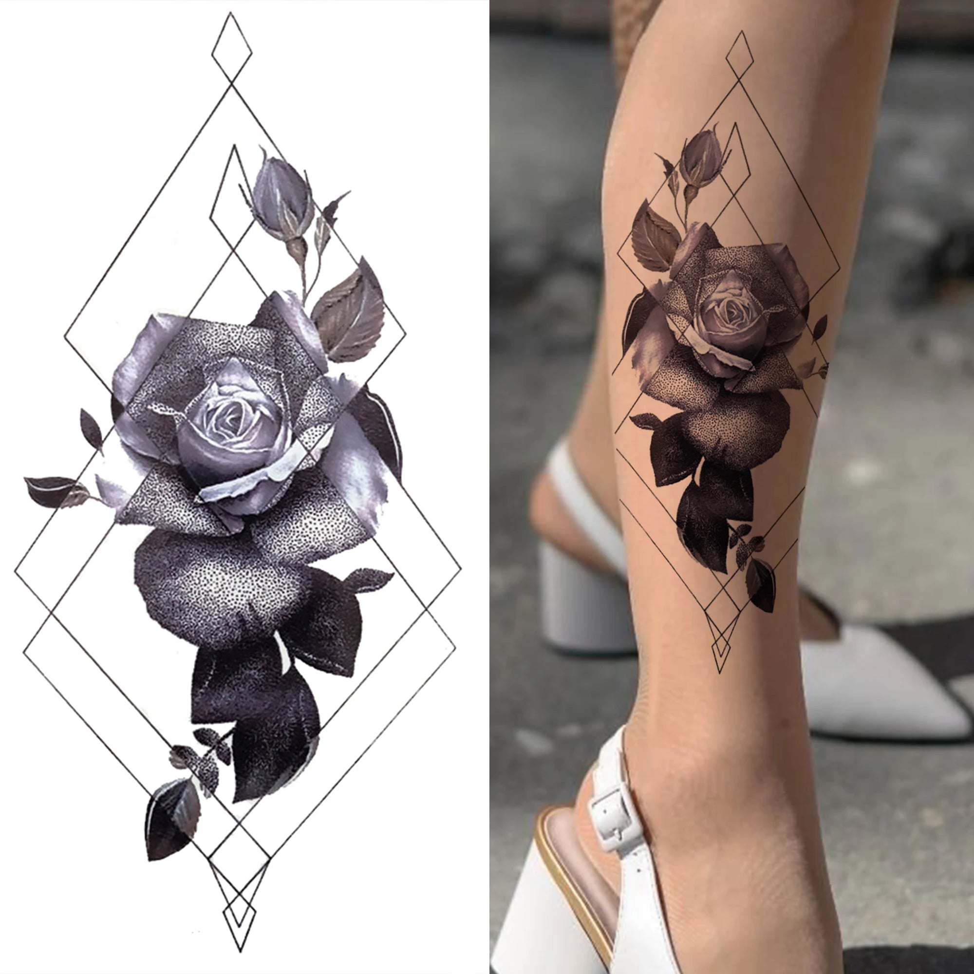 Large 3D Floral Temporary Tattoo Sticker – Detailed Black Rose, Peony & Geometric Art