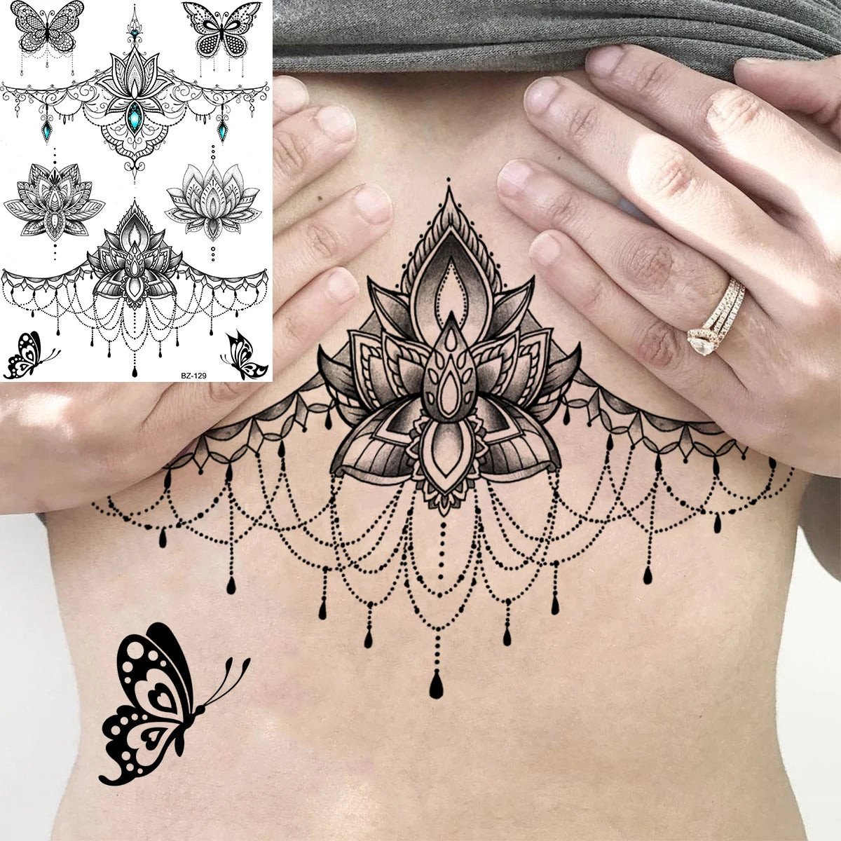Sexy Waterproof Temporary Tattoo – Floral Mandala, Lotus & Animal Designs for Chest & Underboob