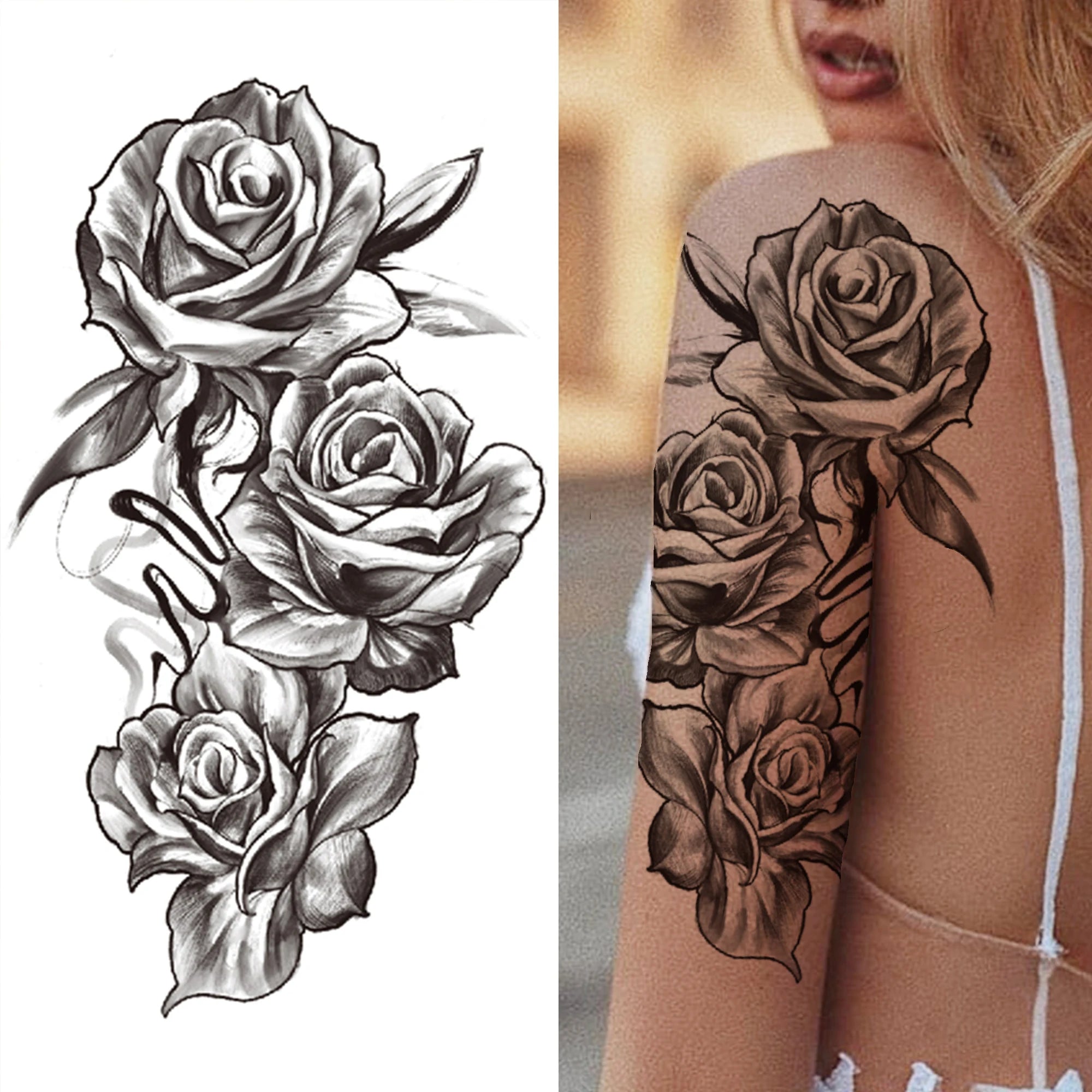 Large 3D Floral Temporary Tattoo Sticker – Detailed Black Rose, Peony & Geometric Art