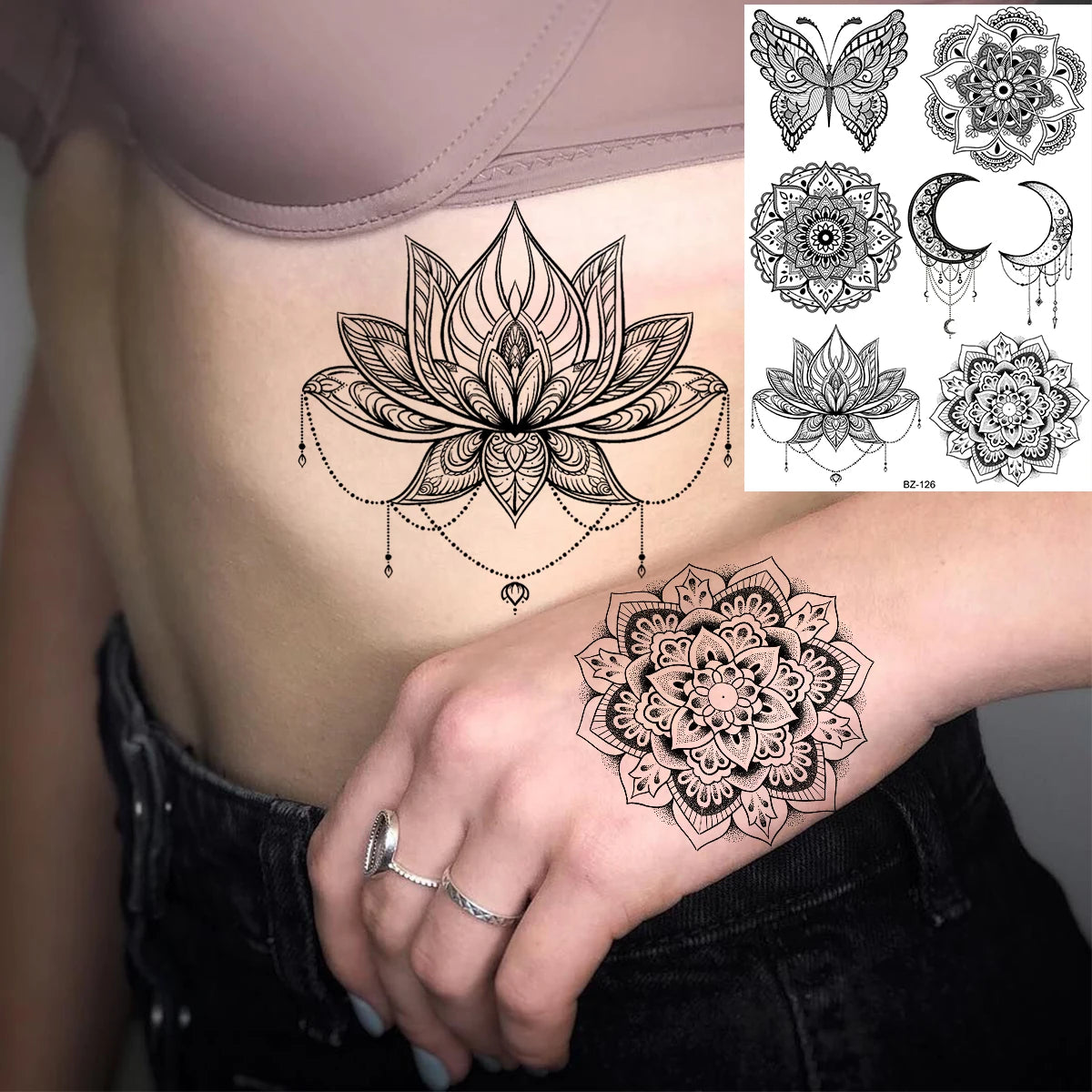 Sexy Waterproof Temporary Tattoo – Floral Mandala, Lotus & Animal Designs for Chest & Underboob