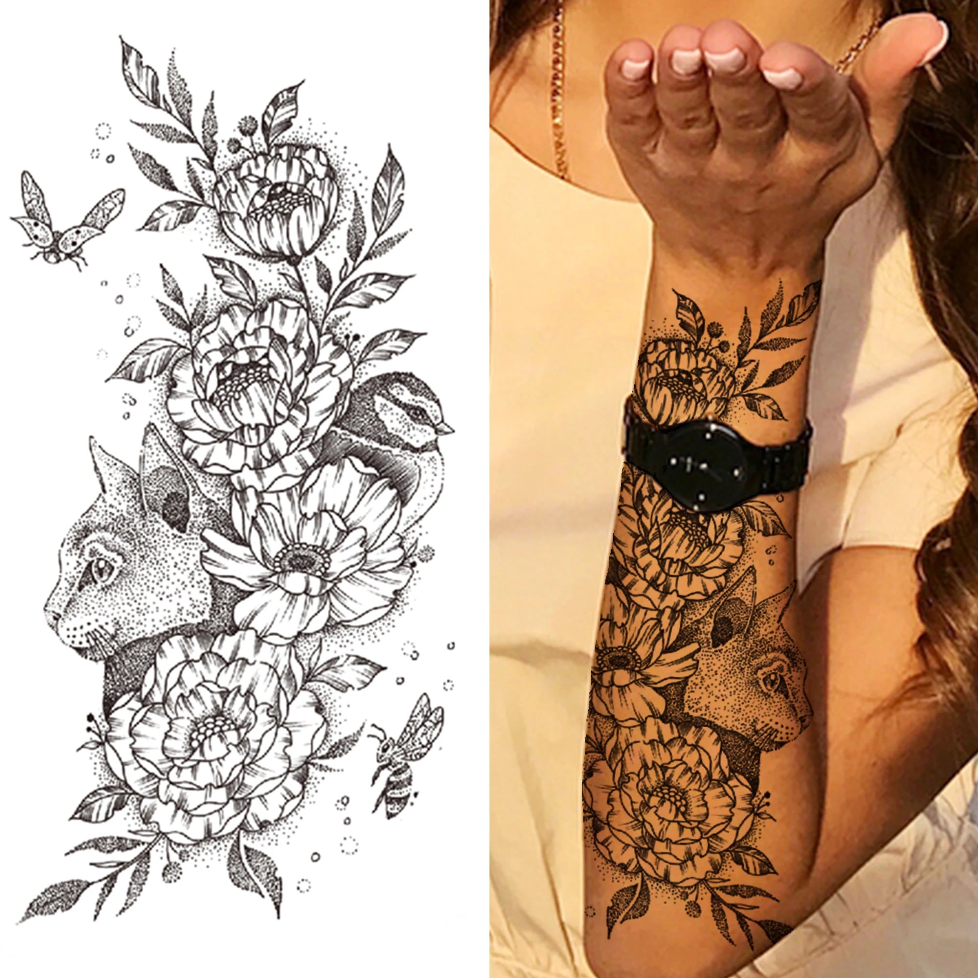 Large 3D Floral Temporary Tattoo Sticker – Detailed Black Rose, Peony & Geometric Art