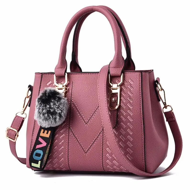 Premium Leather Messenger Bag – Intricate Floral Embroidery & Trendy Hairball Detail for Ladies