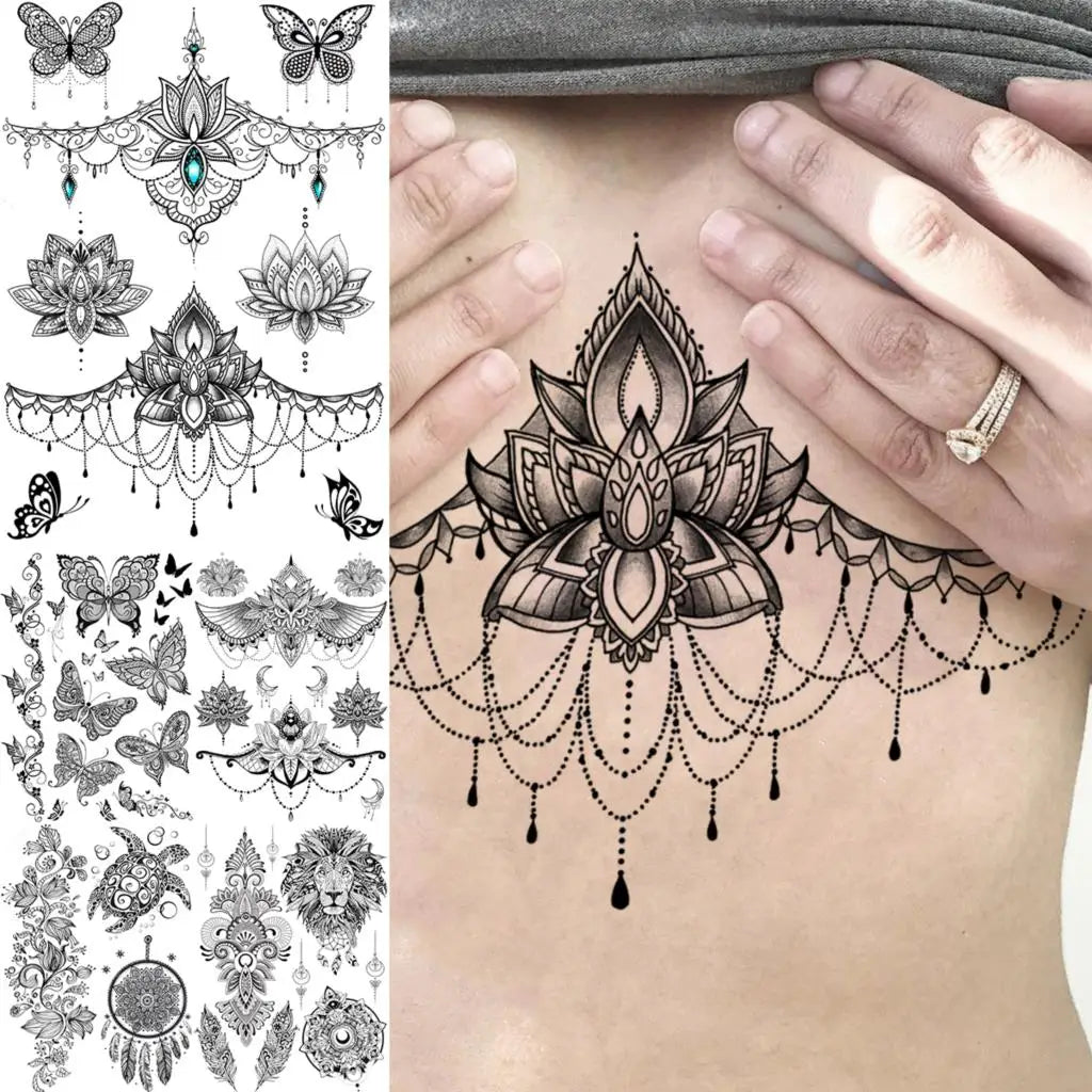 Sexy Waterproof Temporary Tattoo – Floral Mandala, Lotus & Animal Designs for Chest & Underboob