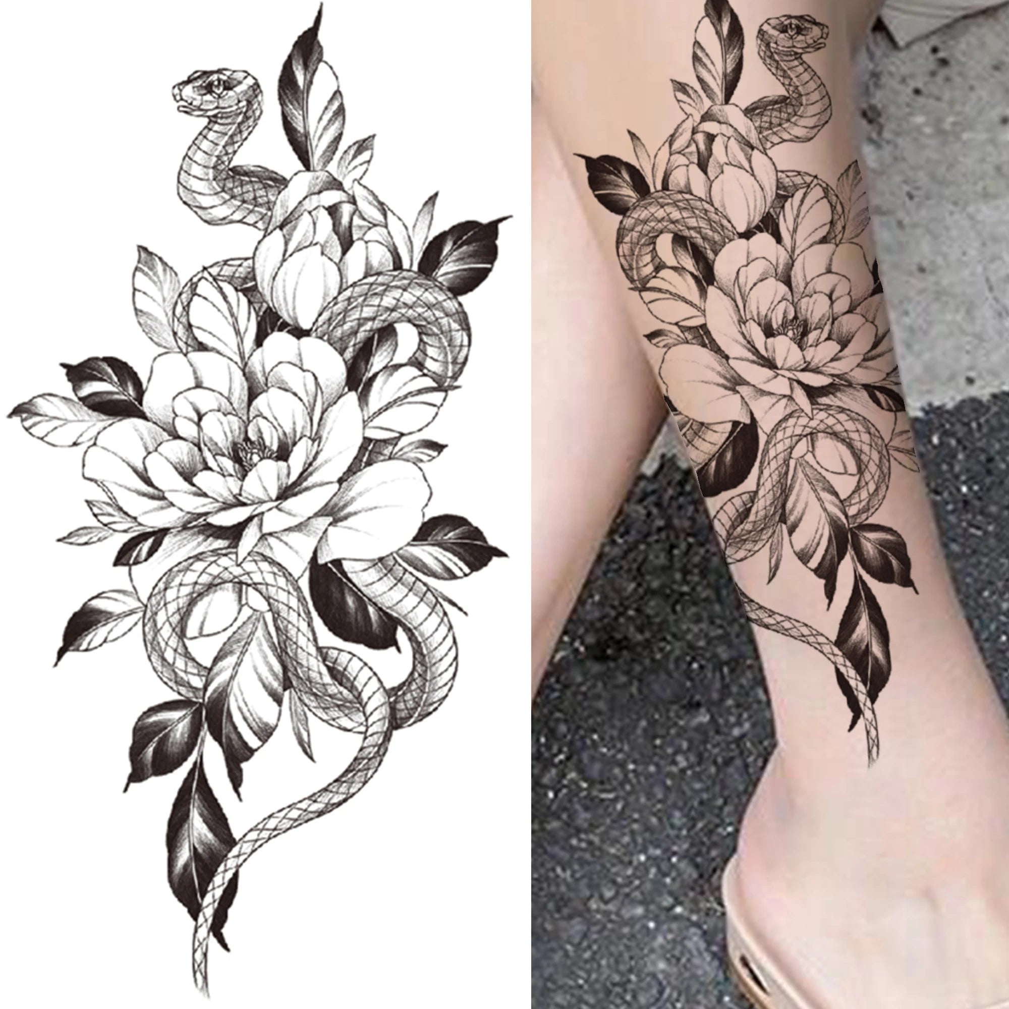 Large 3D Floral Temporary Tattoo Sticker – Detailed Black Rose, Peony & Geometric Art