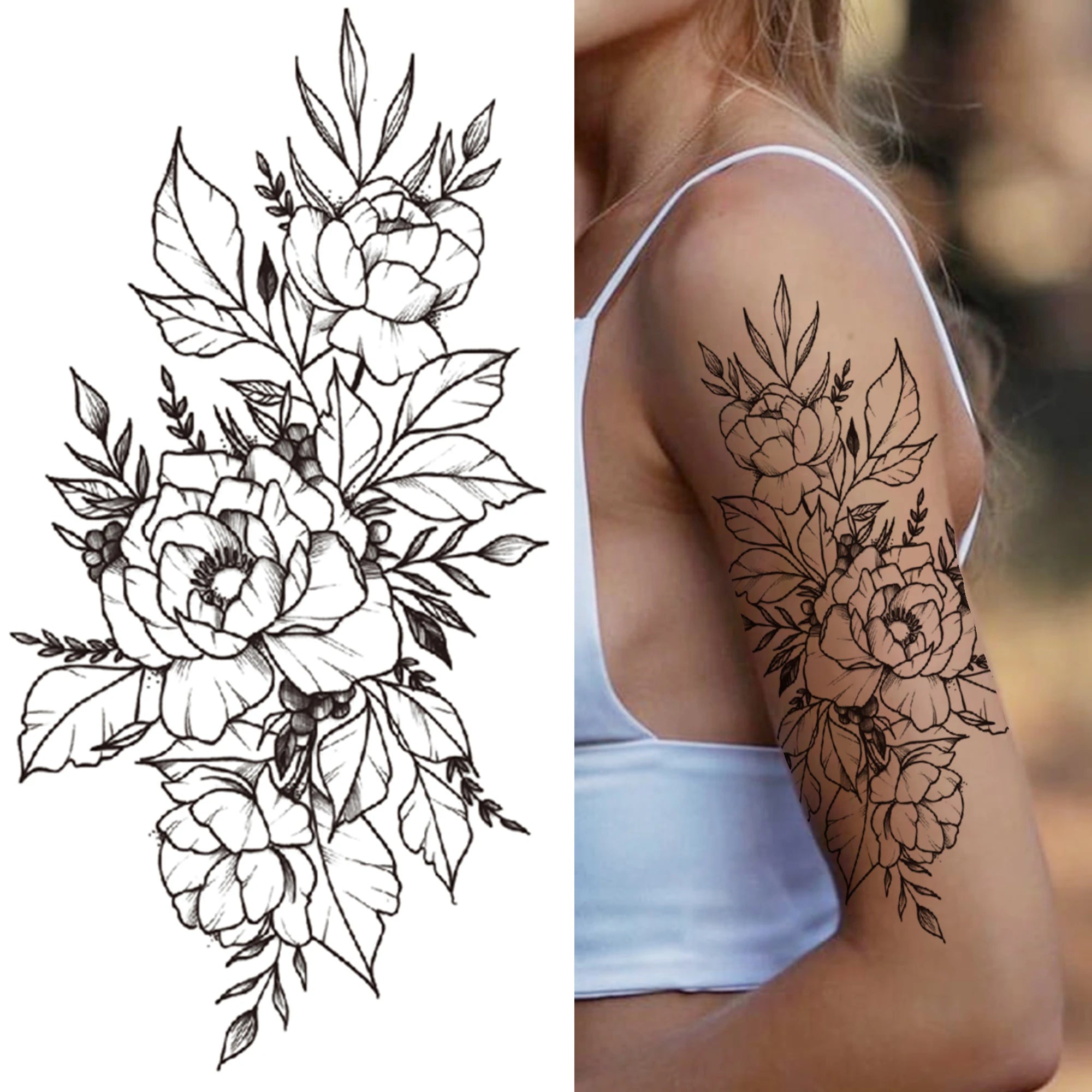 Large 3D Floral Temporary Tattoo Sticker – Detailed Black Rose, Peony & Geometric Art
