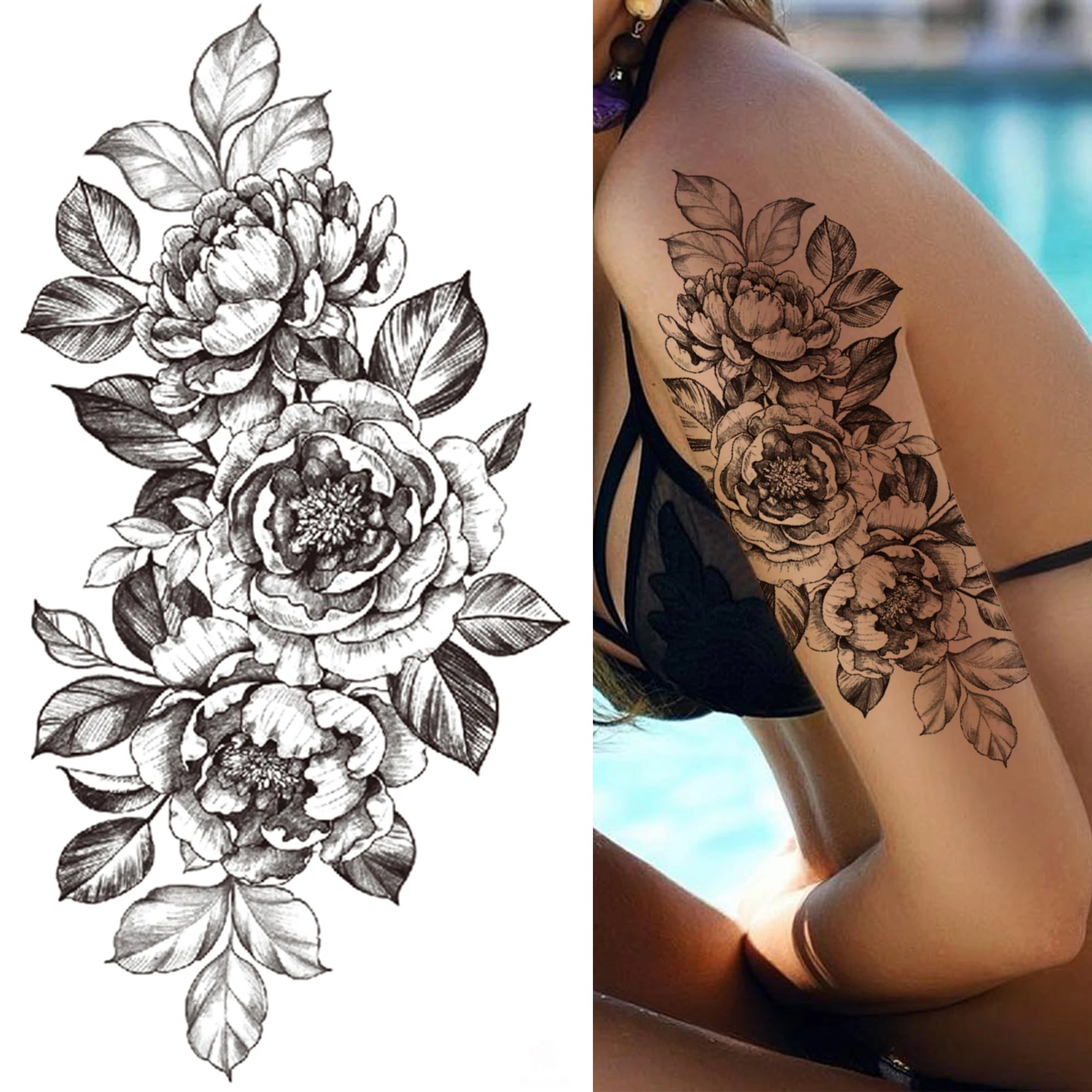 Large 3D Floral Temporary Tattoo Sticker – Detailed Black Rose, Peony & Geometric Art