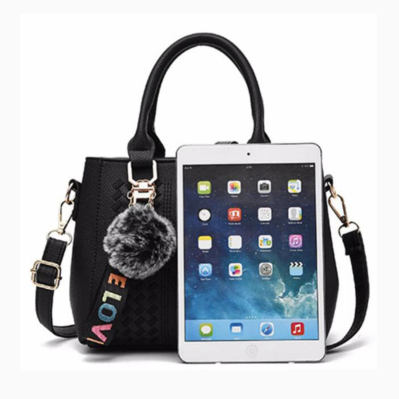 Premium Leather Messenger Bag – Intricate Floral Embroidery & Trendy Hairball Detail for Ladies
