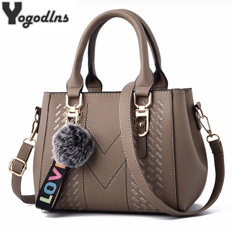 Premium Leather Messenger Bag – Intricate Floral Embroidery & Trendy Hairball Detail for Ladies
