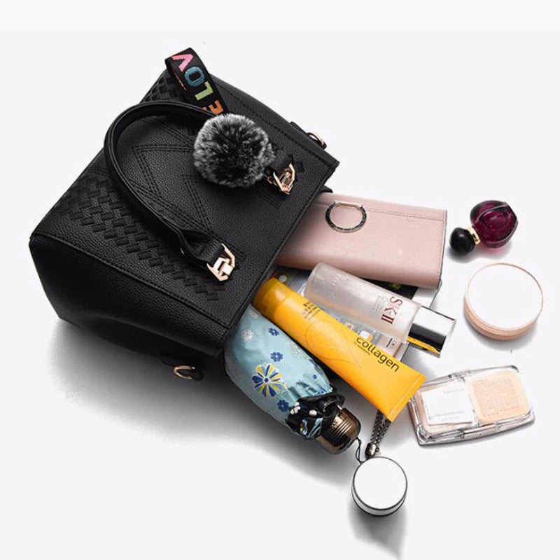 Premium Leather Messenger Bag – Intricate Floral Embroidery & Trendy Hairball Detail for Ladies