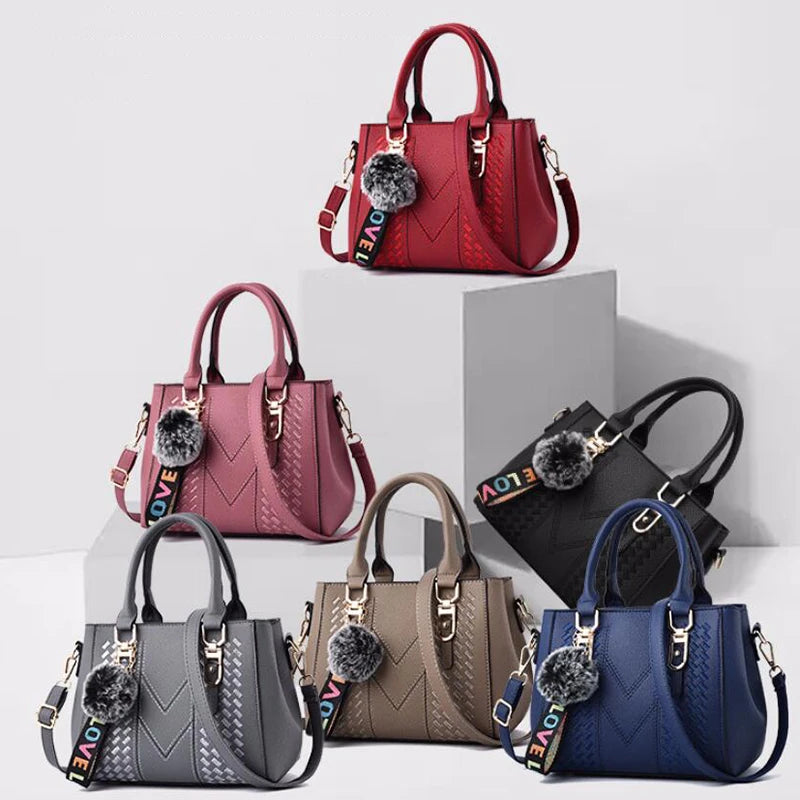 Premium Leather Messenger Bag – Intricate Floral Embroidery & Trendy Hairball Detail for Ladies