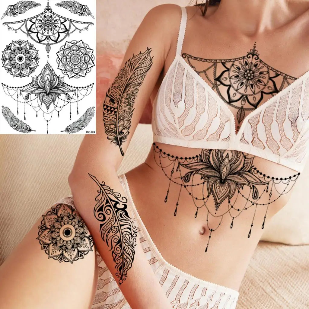 Sexy Waterproof Temporary Tattoo – Floral Mandala, Lotus & Animal Designs for Chest & Underboob