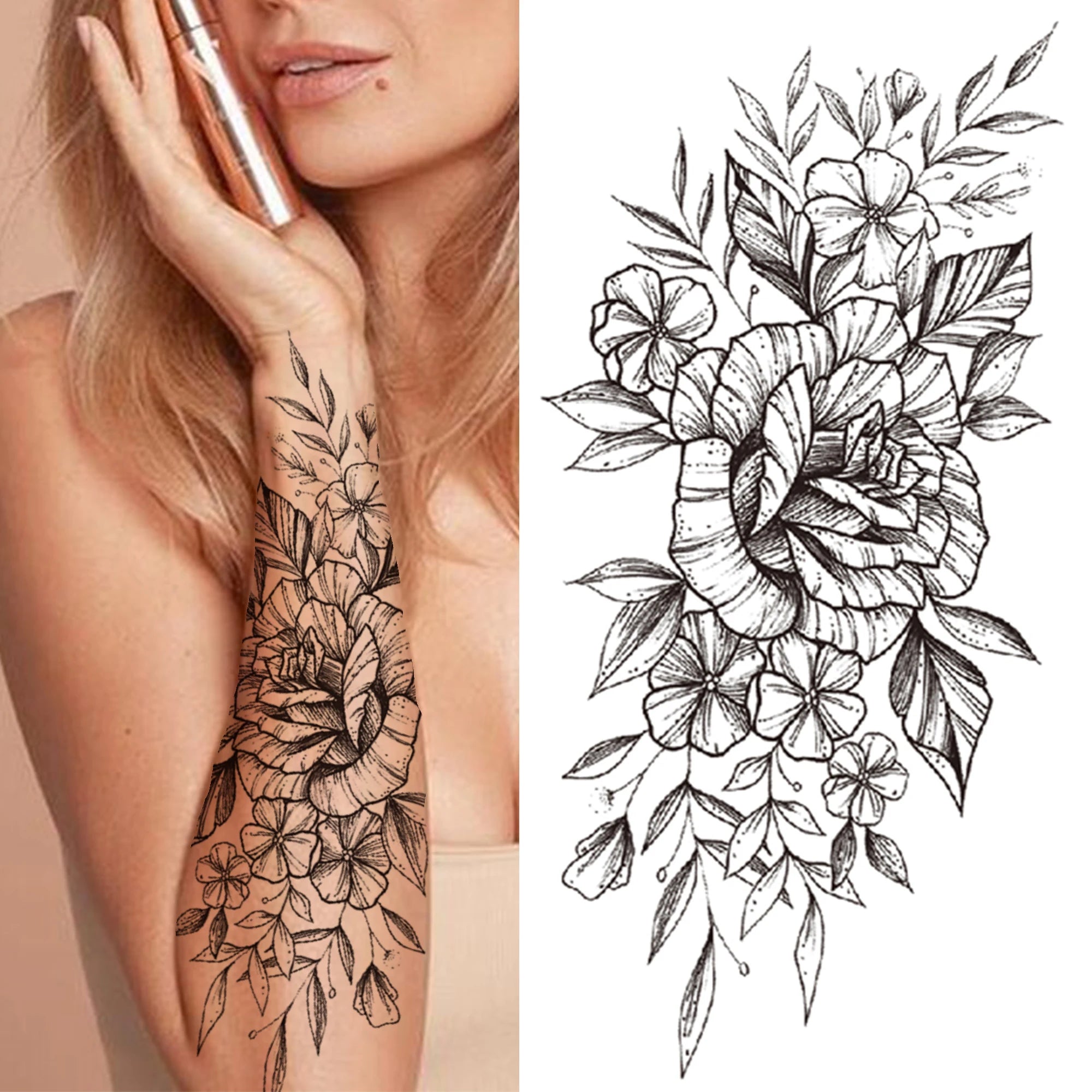 Large 3D Floral Temporary Tattoo Sticker – Detailed Black Rose, Peony & Geometric Art