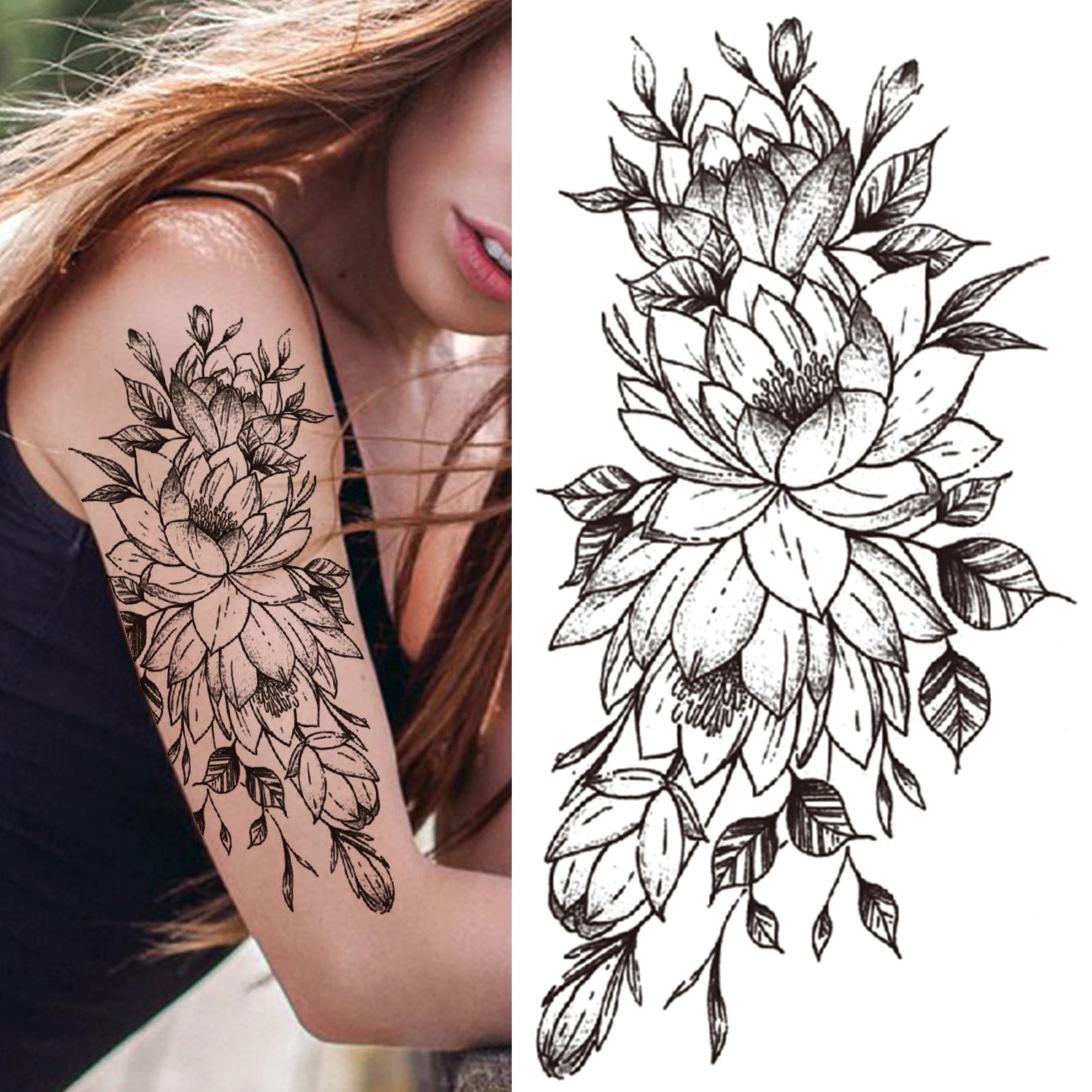 Large 3D Floral Temporary Tattoo Sticker – Detailed Black Rose, Peony & Geometric Art