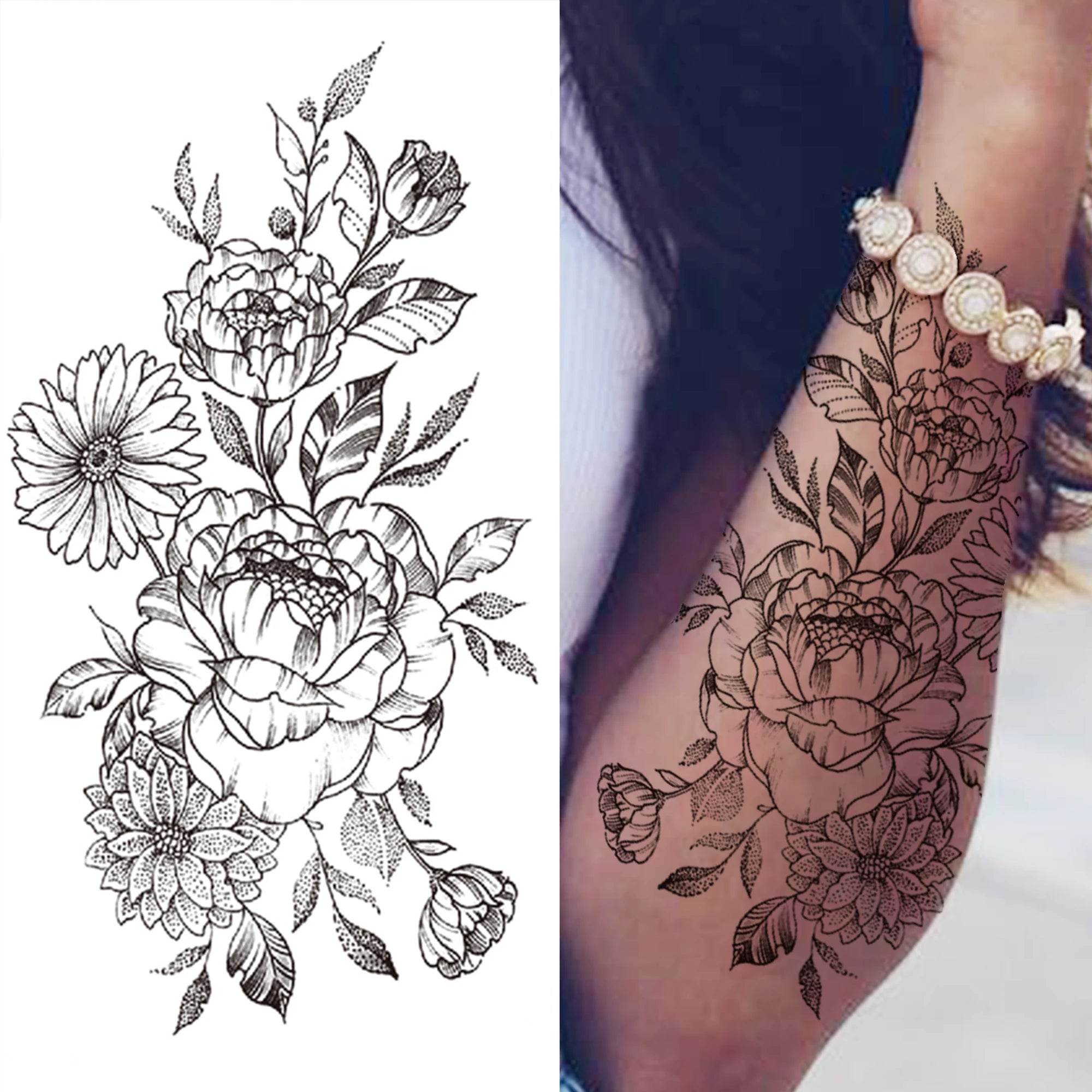 Large 3D Floral Temporary Tattoo Sticker – Detailed Black Rose, Peony & Geometric Art