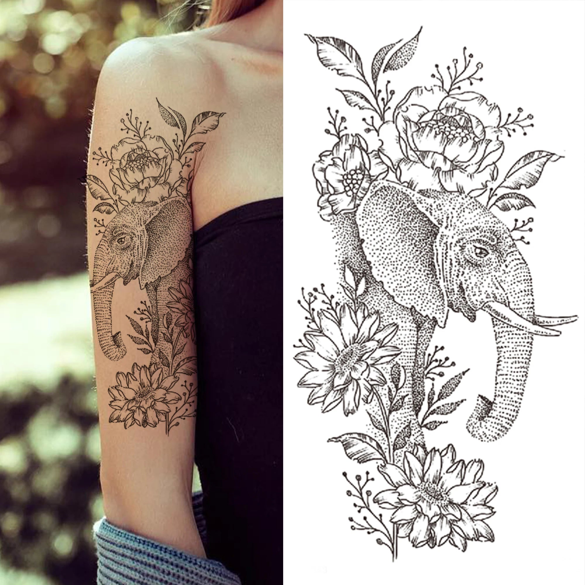 Large 3D Floral Temporary Tattoo Sticker – Detailed Black Rose, Peony & Geometric Art