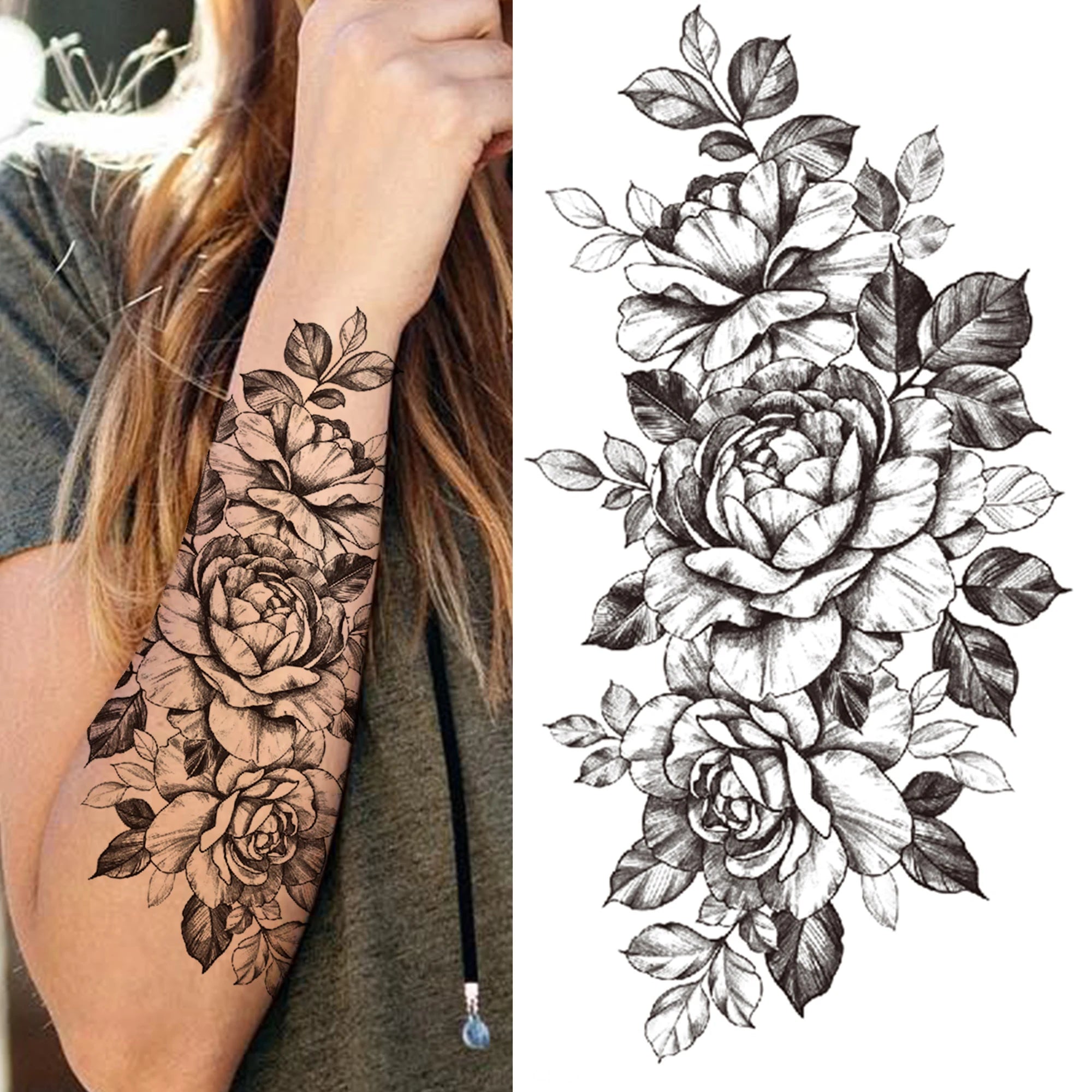 Large 3D Floral Temporary Tattoo Sticker – Detailed Black Rose, Peony & Geometric Art
