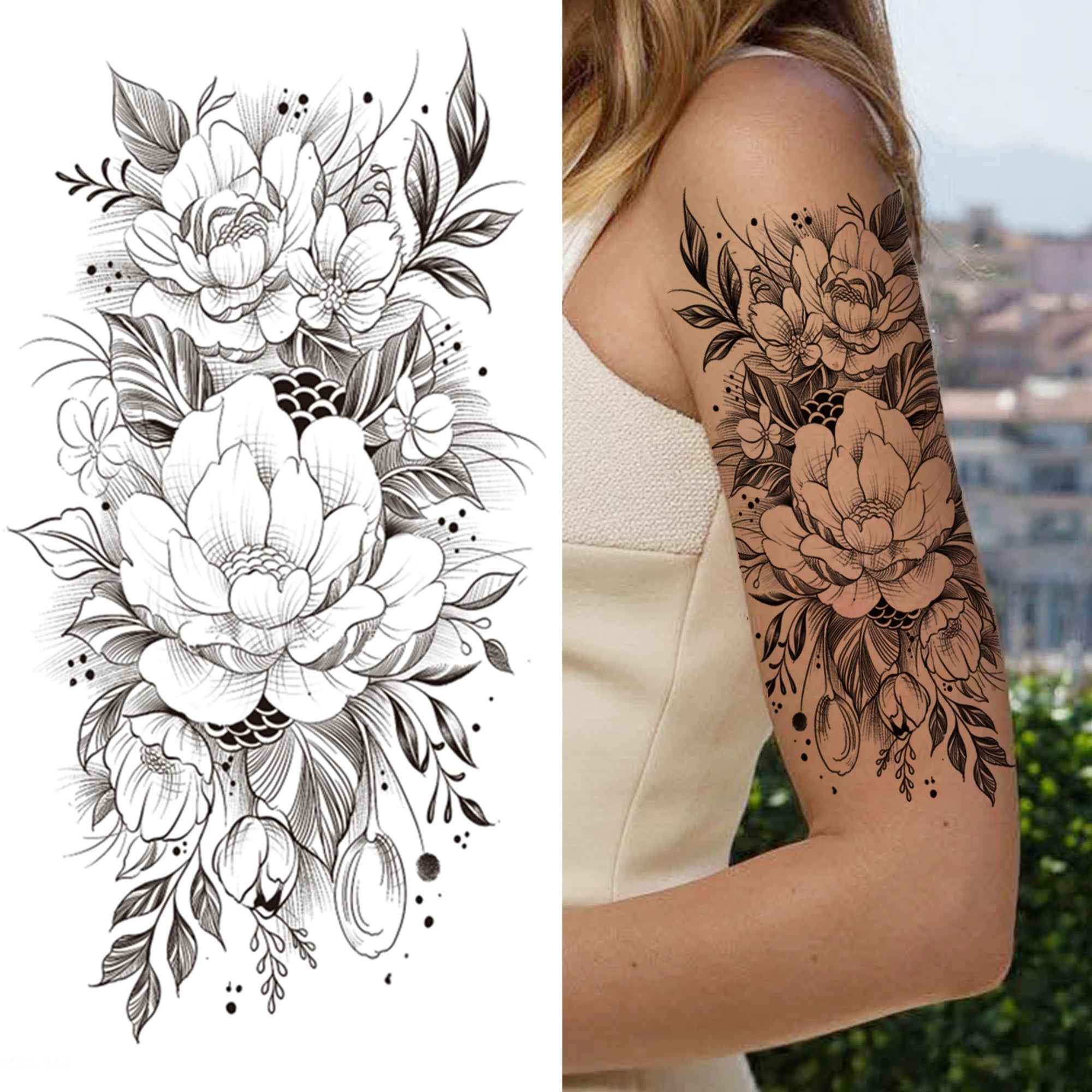 Large 3D Floral Temporary Tattoo Sticker – Detailed Black Rose, Peony & Geometric Art