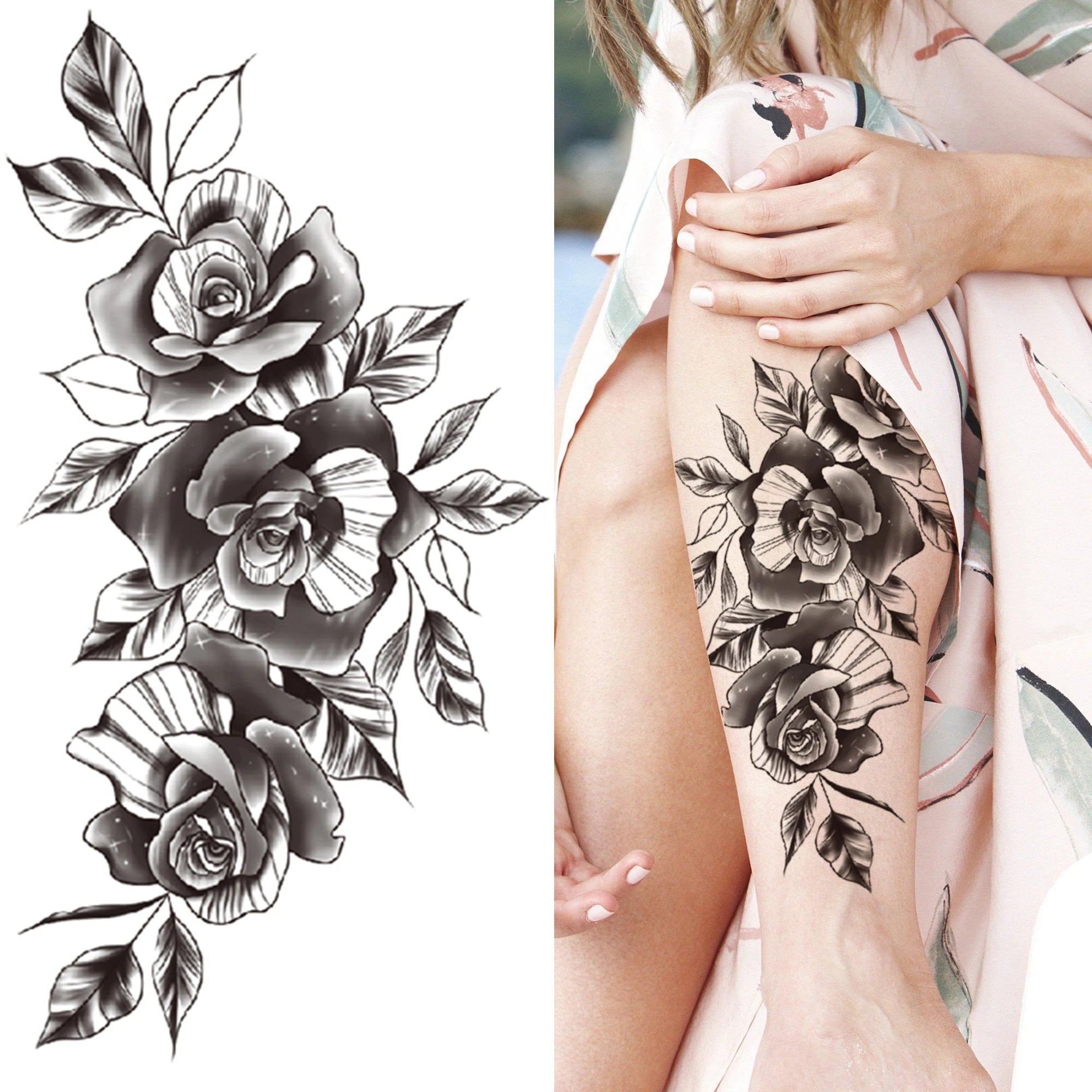 Large 3D Floral Temporary Tattoo Sticker – Detailed Black Rose, Peony & Geometric Art