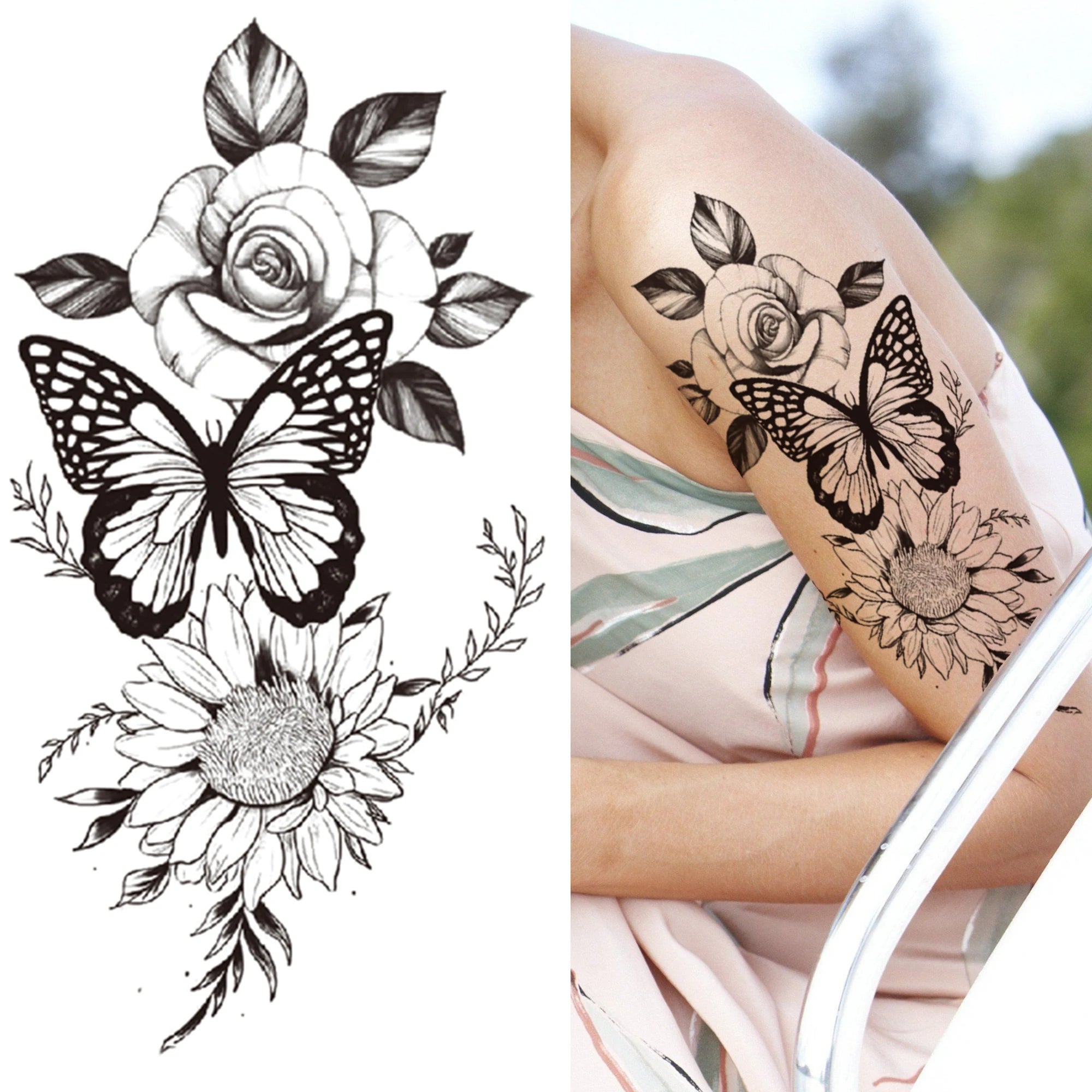 Large 3D Floral Temporary Tattoo Sticker – Detailed Black Rose, Peony & Geometric Art