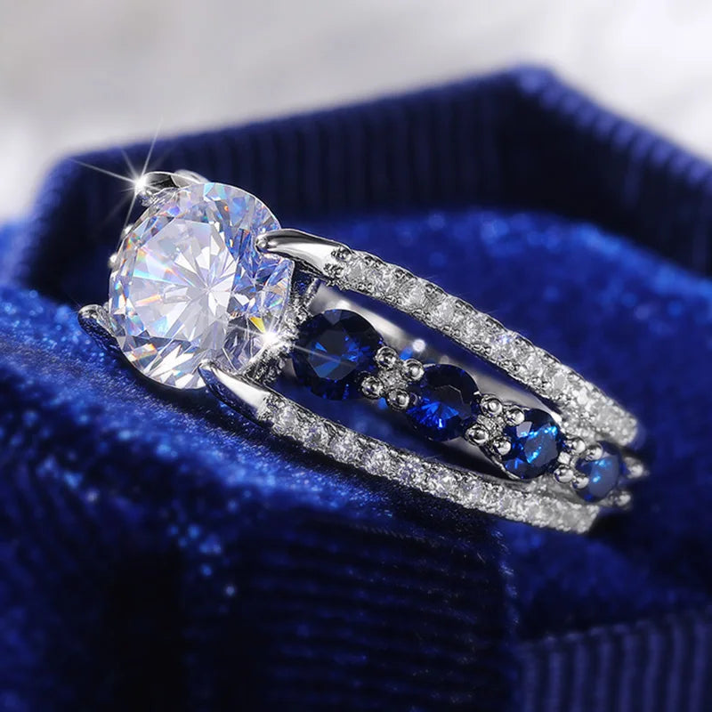 Huitan Special-interest Wedding Rings Women Blue/White Round CZ Novel Designed