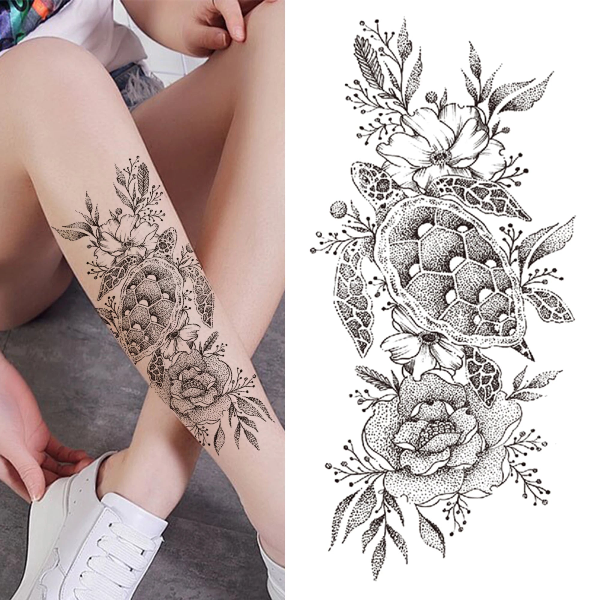 Large 3D Floral Temporary Tattoo Sticker – Detailed Black Rose, Peony & Geometric Art