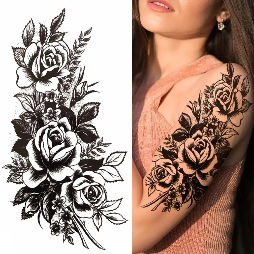 Large 3D Floral Temporary Tattoo Sticker – Detailed Black Rose, Peony & Geometric Art