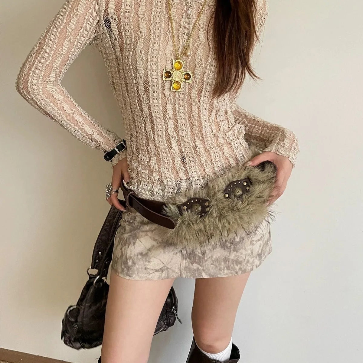 Bohemian Faux-Fur & Studded Leather-Look Belt with Antique Gold Accents