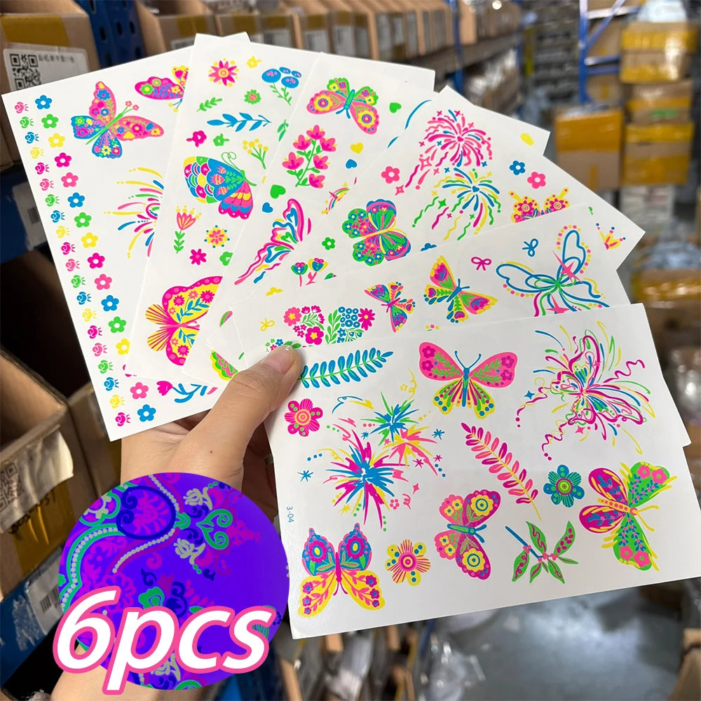 12/24pc Neon UV Glow Tattoos – Fluorescent Body & Face Stickers for Rave Parties, Music Festivals, and Nightclub Glam