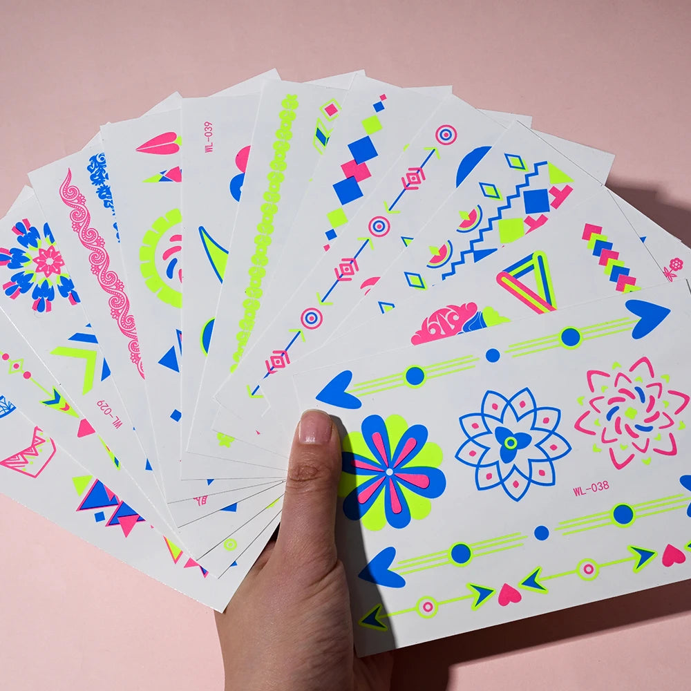 12/24pc Neon UV Glow Tattoos – Fluorescent Body & Face Stickers for Rave Parties, Music Festivals, and Nightclub Glam