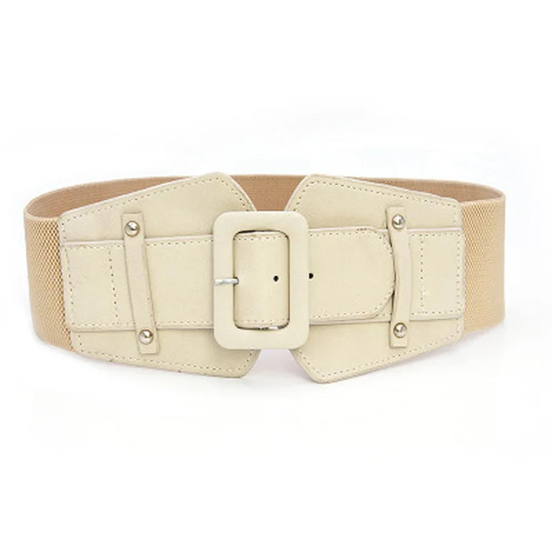 Wide Elastic Corset-Style Cinch Belt with Rectangular Buckle