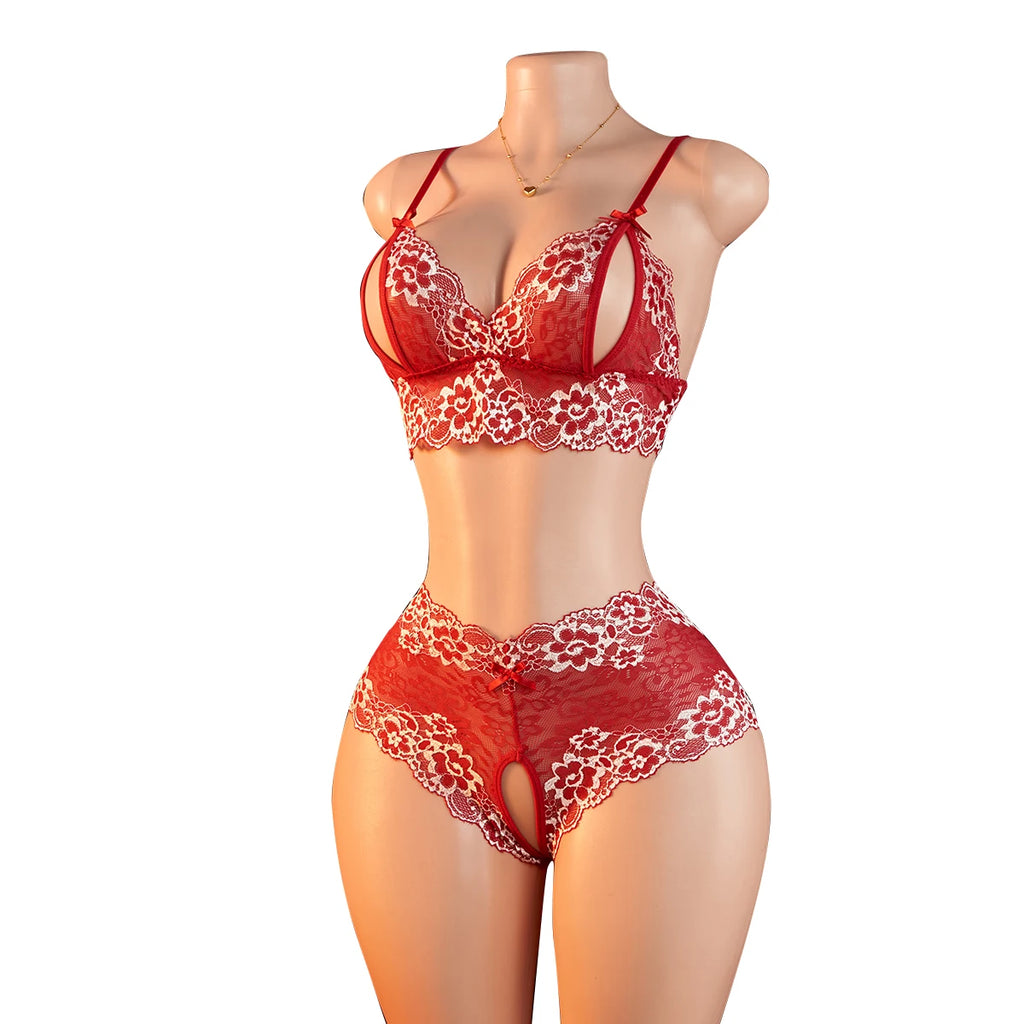 Women’s Sexy Floral Lace Open-Cup Bra & Crotchless Panty Set