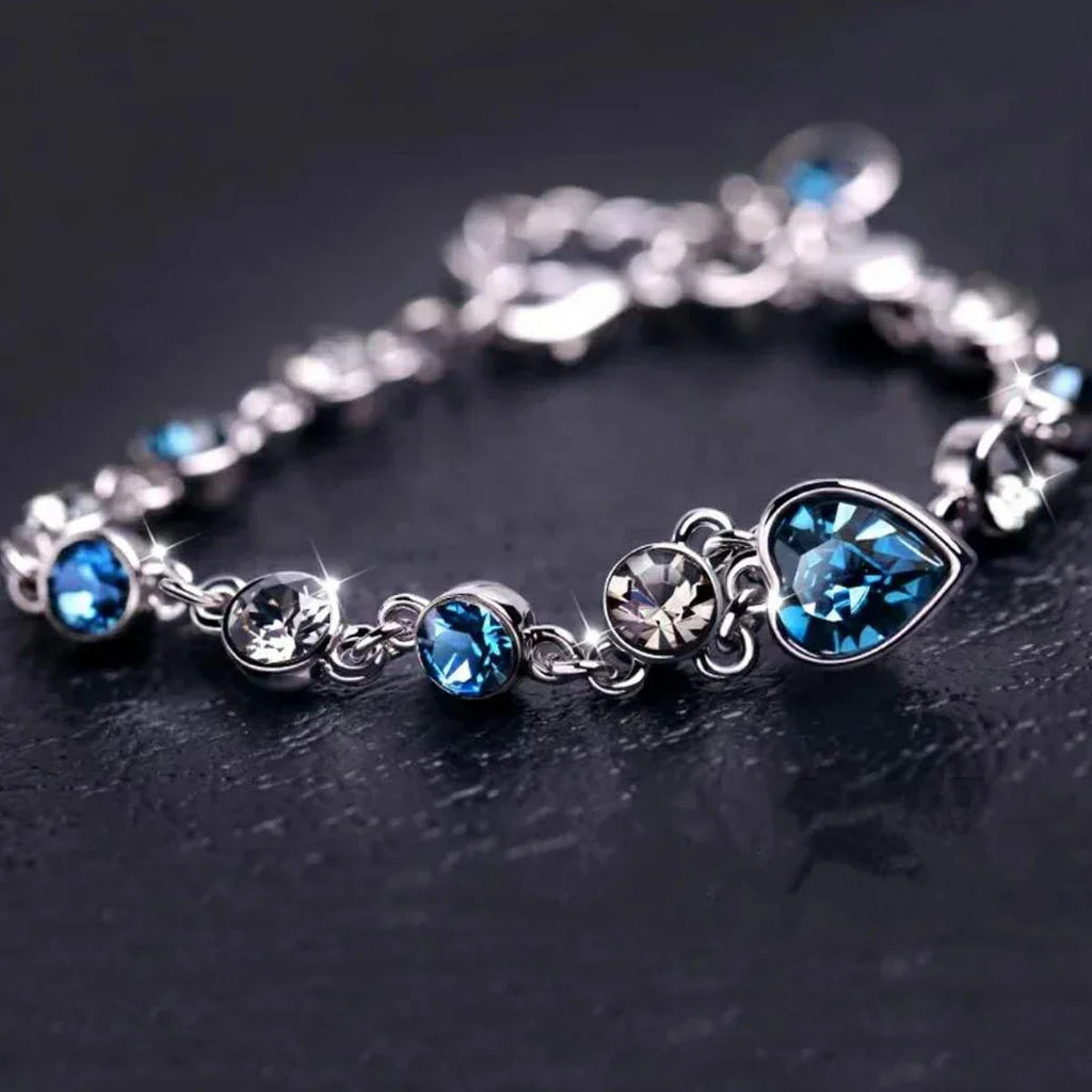 Luxury Silver Plated Heart Pendant Bracelet – Deep Blue Cubic Zirconia Crystal Link Jewelry for Women