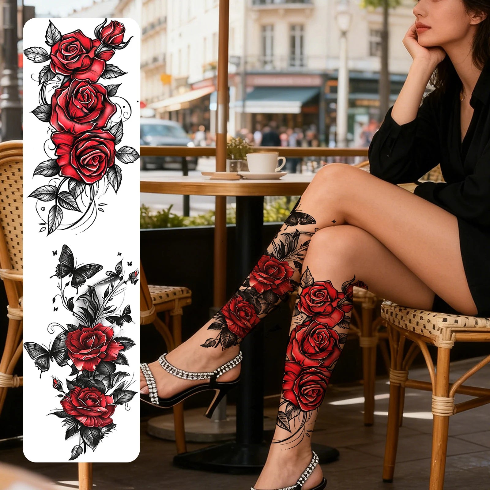 2-Sheet Red Floral Butterfly Temporary Tattoo – Waterproof & Long-Lasting Scar Concealment Stickers